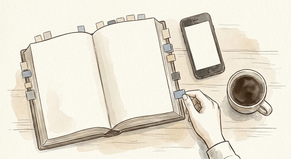 Gezeichnete Illustration: Aufgeschlagenes Buch mit vielen farbigen Lesezeichen, eine Hand greift nach einem davon, daneben Smartphone und Kaffeetasse