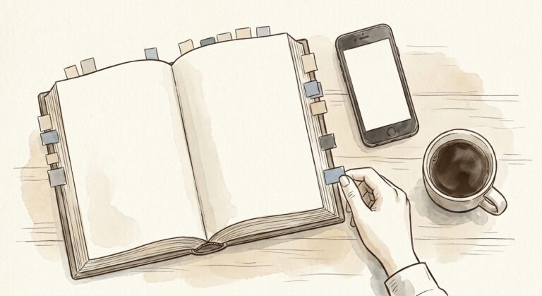 Gezeichnete Illustration: Aufgeschlagenes Buch mit vielen farbigen Lesezeichen, eine Hand greift nach einem davon, daneben Smartphone und Kaffeetasse