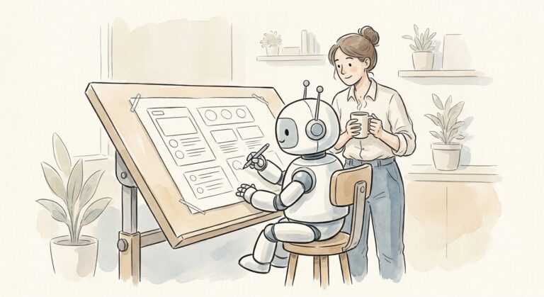 Gezeichnete Illustration: Ein kleiner Roboter skizziert Interface-Entwuerfe am Zeichentisch, eine Designerin mit Kaffeetasse schaut zu