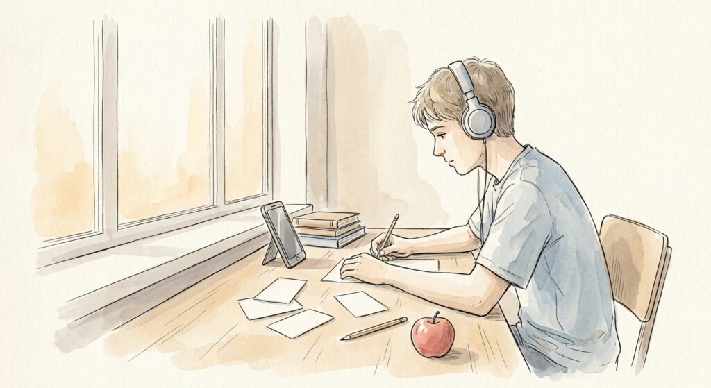 Gezeichnete Illustration: Jugendlicher lernt am Schreibtisch mit aufgestelltem Smartphone, daneben Lernkarten, Bleistift und ein Apfel