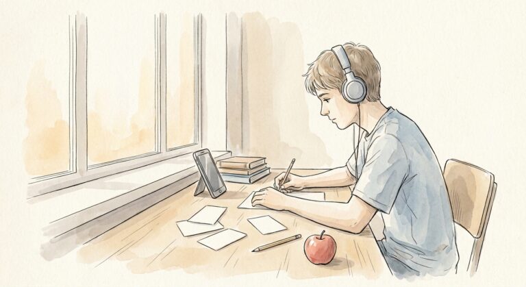 Gezeichnete Illustration: Jugendlicher lernt am Schreibtisch mit aufgestelltem Smartphone, daneben Lernkarten, Bleistift und ein Apfel
