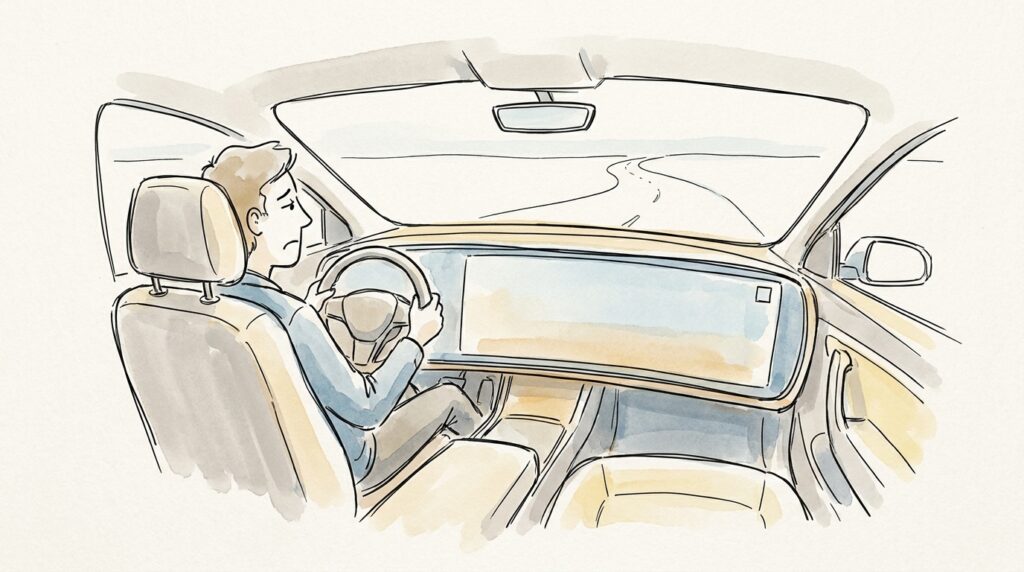 Gezeichnete Illustration: Fahrer am Steuer eines Autos, das breite Cockpit-Display zeigt ein bildschirmfuellendes Werbebanner