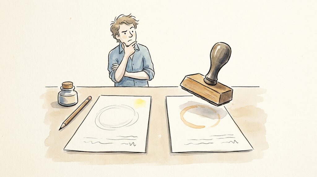 Gezeichnete Illustration: zwei fast identische Blaetter auf einem Tisch, ein Stempel senkt sich auf eines davon, eine Person schaut unentschlossen zu