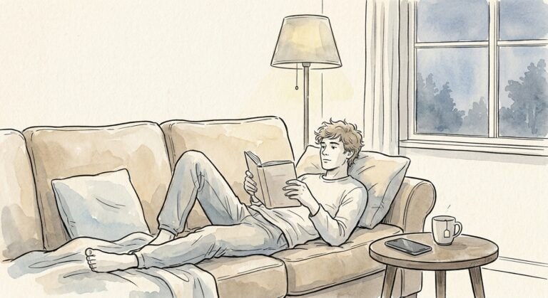 Gezeichnete Illustration: Junger Mann liest entspannt ein Buch auf dem Sofa, das Smartphone liegt umgedreht auf dem Beistelltisch