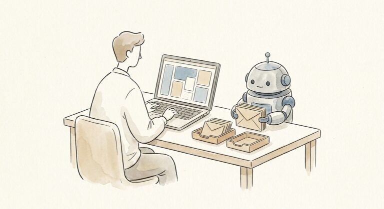 Gezeichnete Illustration: Person am aufgeraeumten Schreibtisch mit Laptop, ein kleiner Roboter sortiert daneben Briefumschlaege in Ablagen