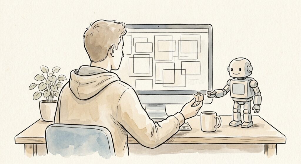 Gezeichnete Illustration: Webdesigner am Schreibtisch vor einem Monitor mit Website-Layout, ein kleiner Roboter auf dem Tisch reicht ihm einen Baustein