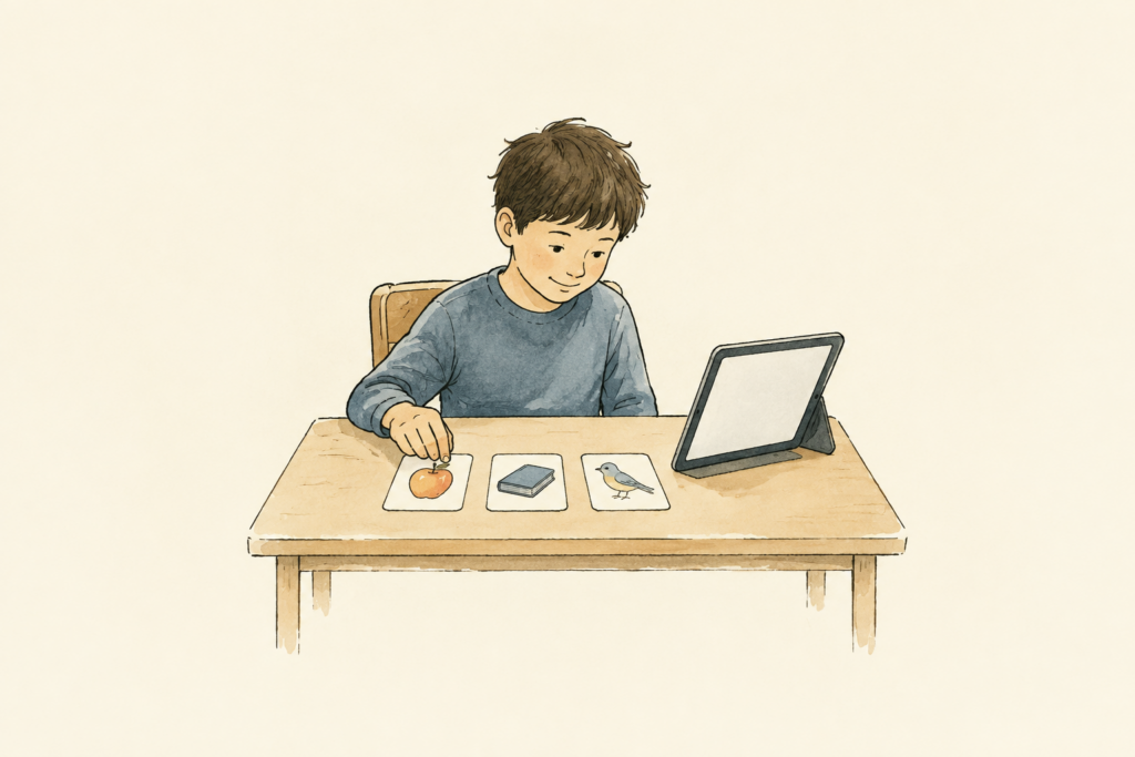 Schulkind lernt mit Bildkarten und Tablet englische Vokabeln